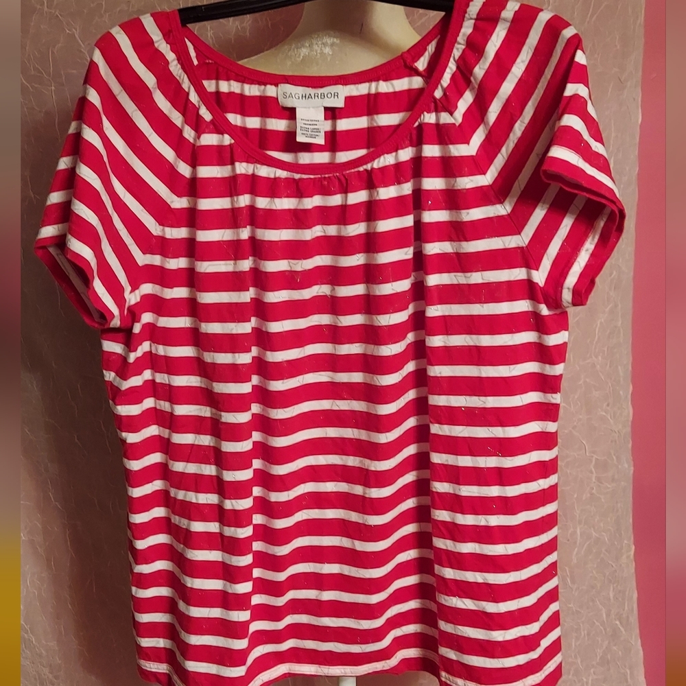 Womans 4th Of JULY Top SHIRT Red & White W/Stars XL Extra Large